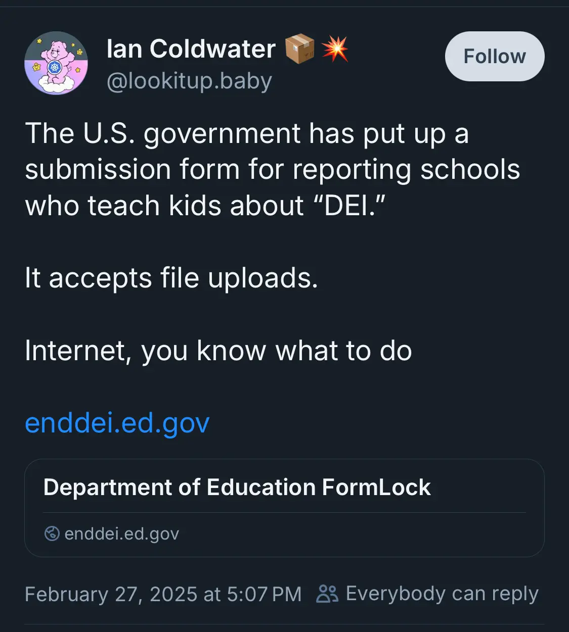 A screenshot of a Twitter post by user Ian Coldwater (@lookitup.baby) that reads: 'The U.S. government has put up a…