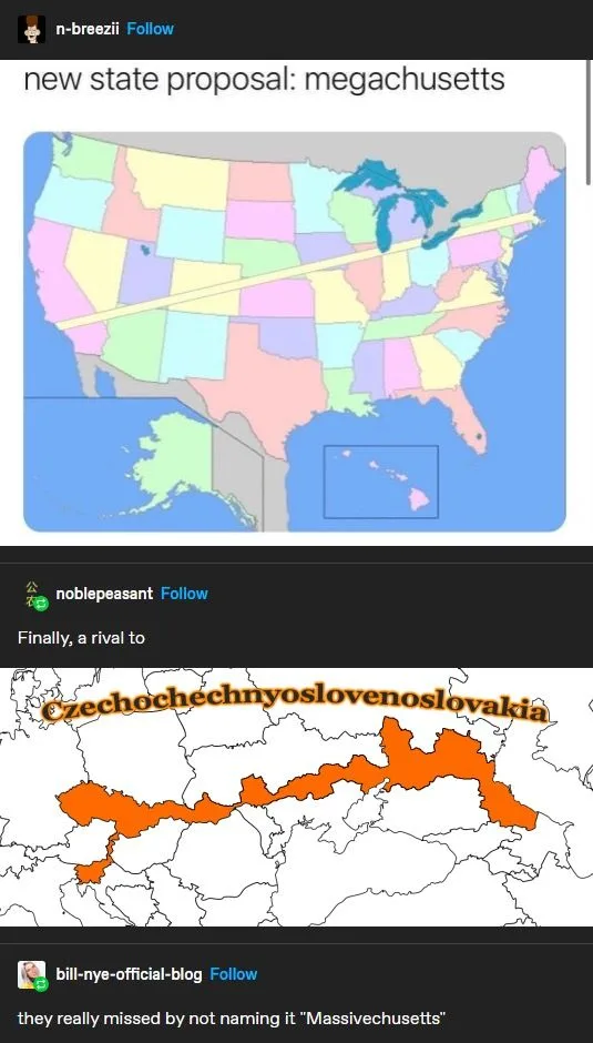 The image displays two social media posts. The top post shows a map of the United States with a long, narrow state labeled…