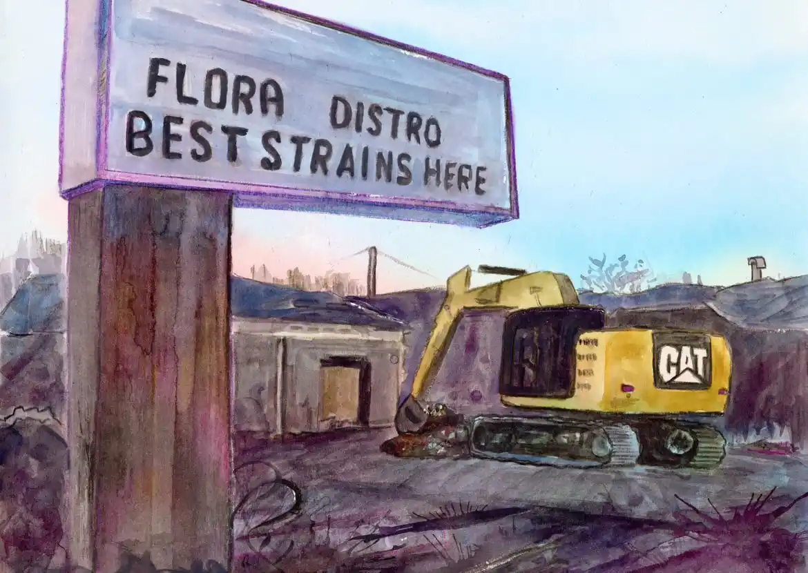 A watercolor painting depicts a yellow Caterpillar excavator parked in a desolate, purple-hued industrial area. A large…