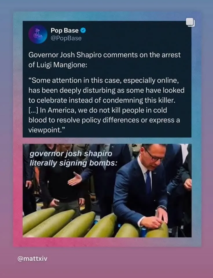 A screenshot of a tweet from Pop Base showing Governor Josh Shapiro's statement condemning online celebrations of Luigi…