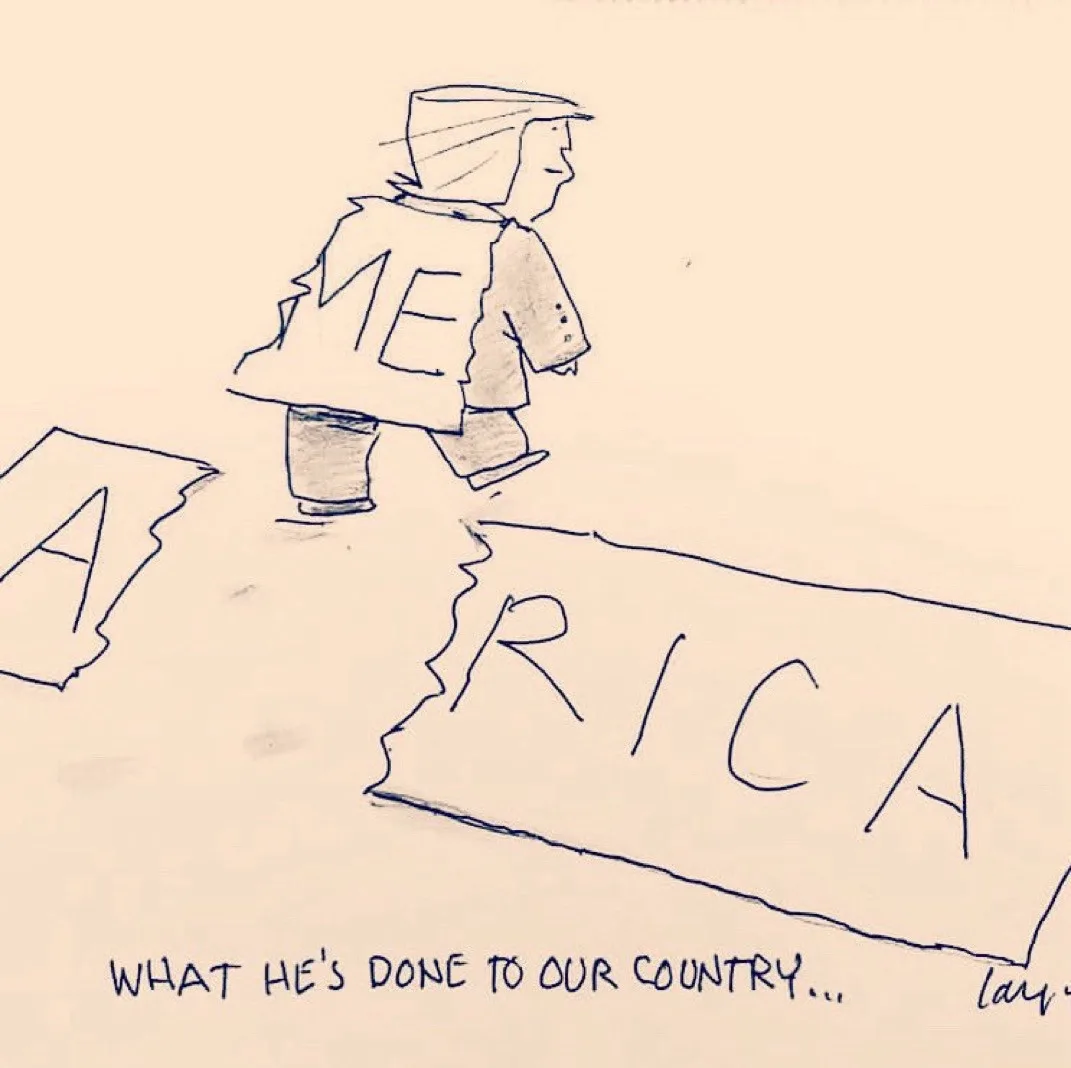 A crude sketch shows a figure resembling Donald Trump walking away from a torn map labeled 'AMERICA' and stepping onto a…