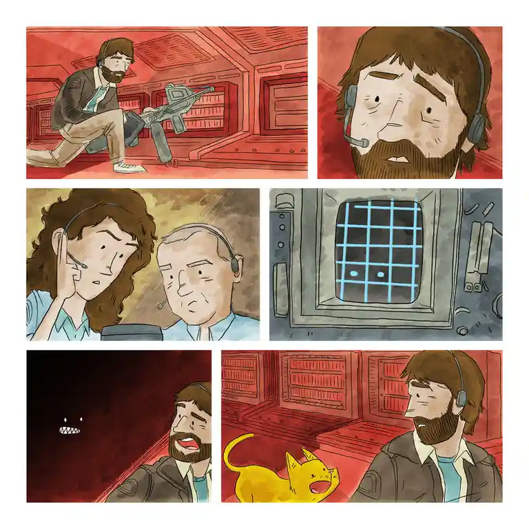 A six-panel comic strip shows a man in a headset holding a gun in a red room, then looking terrified. Two control room…