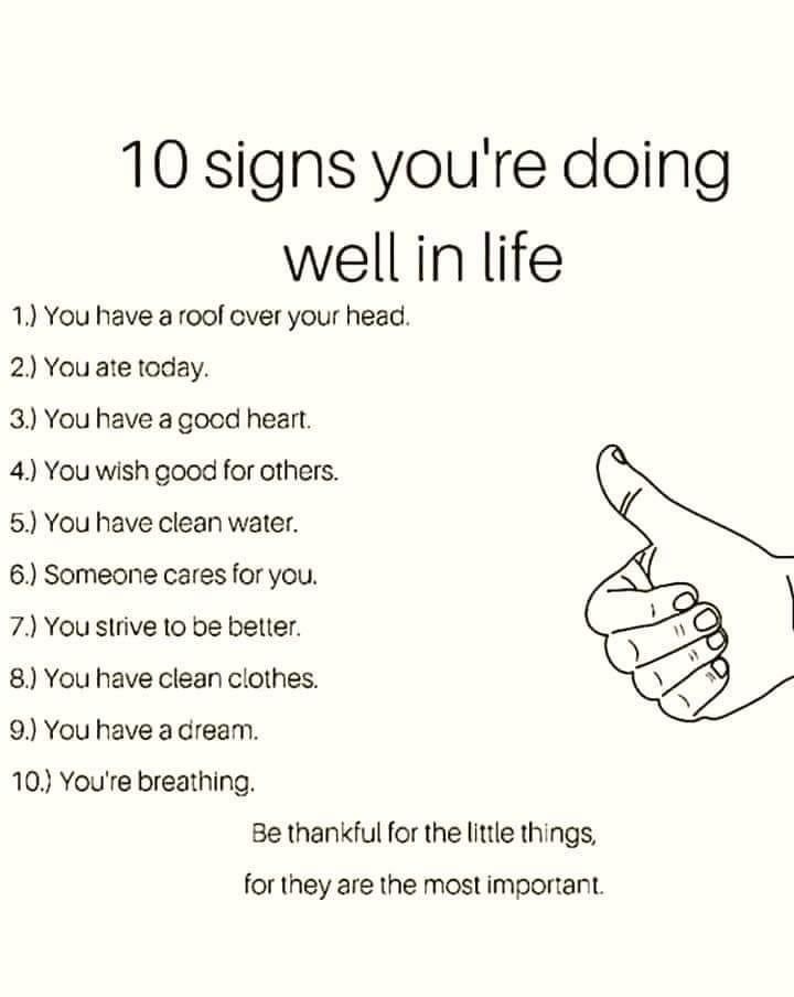A black-and-white image lists '10 signs you're doing well in life,' including having a roof, eating, clean water, and…