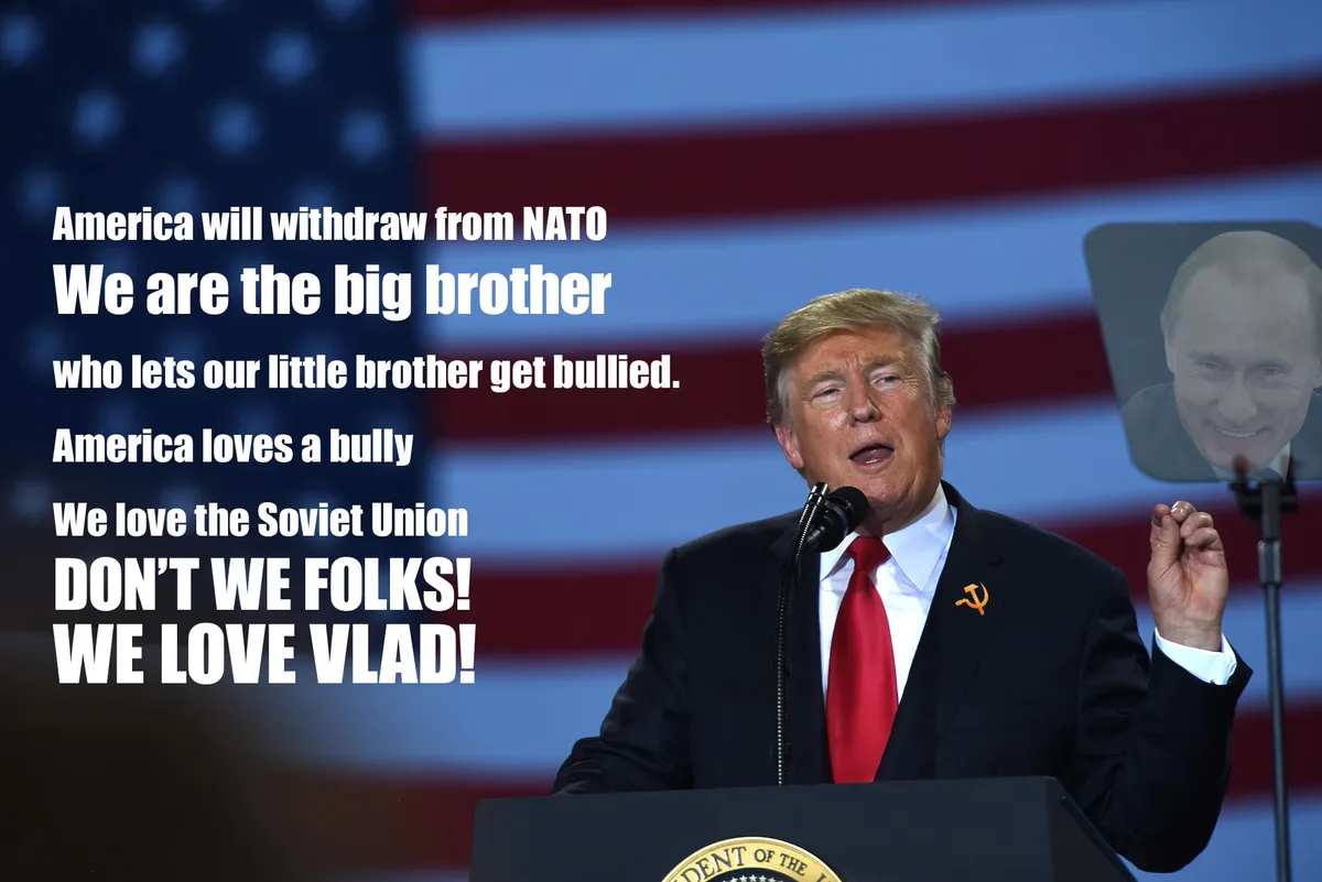 A photo of Donald Trump speaking at a podium with an American flag behind him, wearing a red tie and a Soviet hammer and…