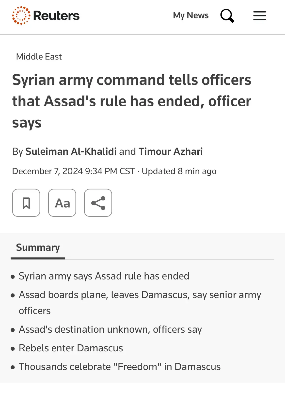 A screenshot of a Reuters news article from December 7, 2024, with the headline 'Syrian army command tells officers that…