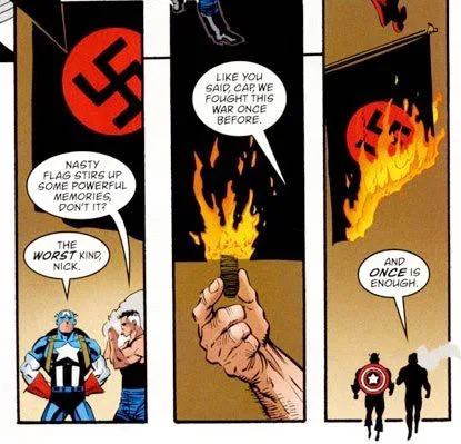 A comic book panel sequence shows Captain America and Nick Fury reacting to a Nazi flag. Fury says the flag stirs up…