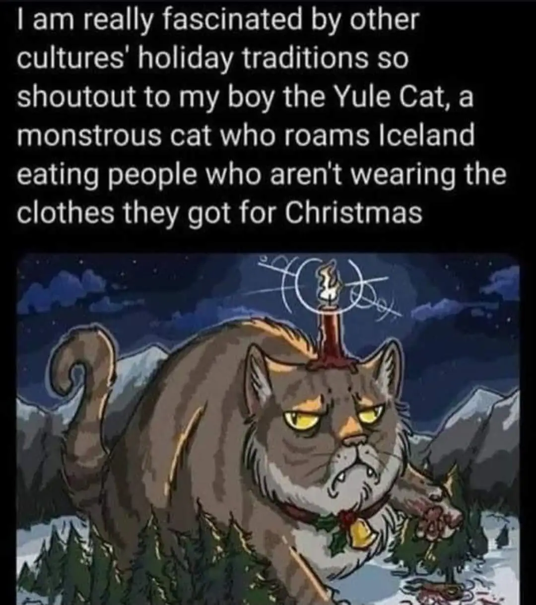 A cartoon illustration depicts a large, menacing grey cat with glowing yellow eyes, wearing a collar with a holly and bell…