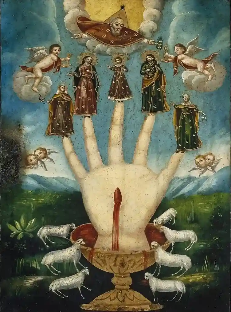 A religious painting depicts a giant open hand emerging from a chalice, with a red candle in its palm. Several saints and…