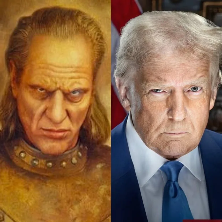 The image is a side-by-side comparison: on the left, a painted portrait of a menacing, horned, demonic figure with a stern…
