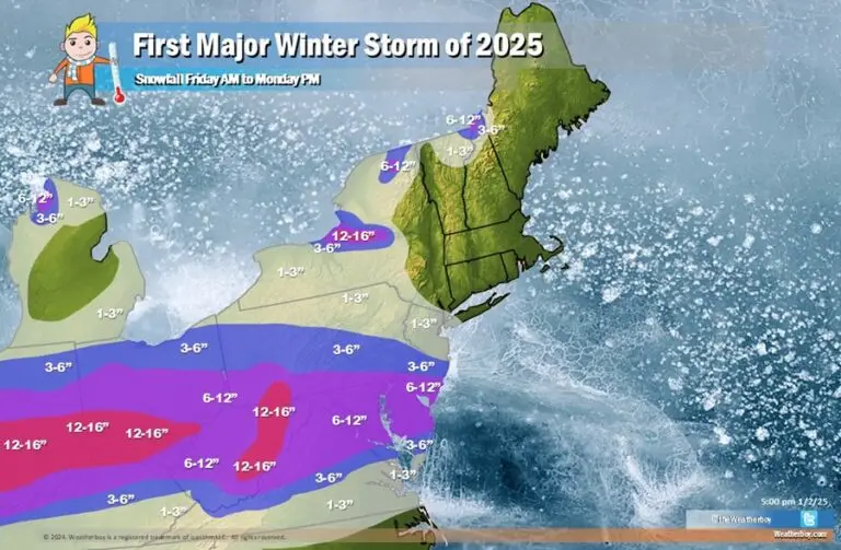 A weather map of the northeastern United States showing snowfall predictions for a fictional 'First Major Winter Storm of…