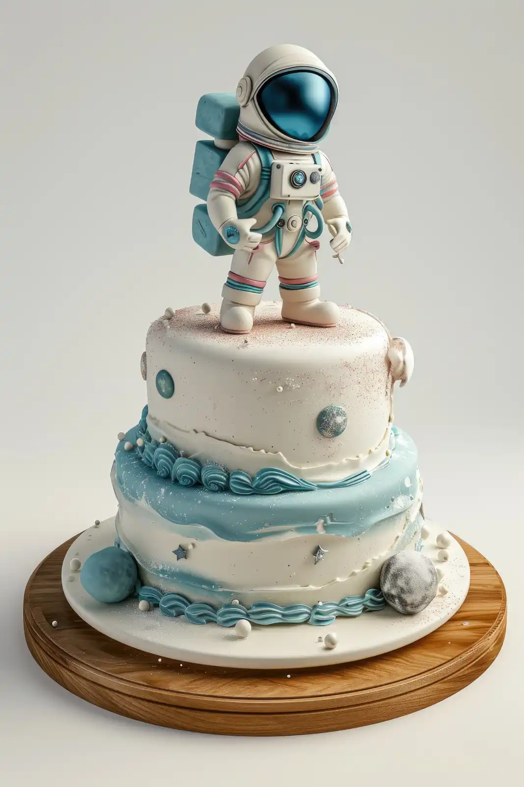 A two-tiered cake decorated with space-themed elements like planets, stars, and moon-like textures, topped with a detailed…