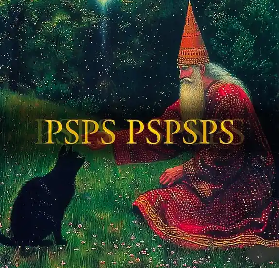 A painting depicts a bearded wizard in a red robe and pointed hat sitting in a grassy field at night, extending his hand…