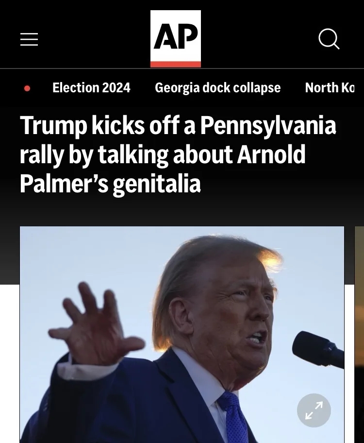 An image of Donald Trump speaking at a rally, overlaid with a fake Associated Press news headline that reads 'Trump kicks…