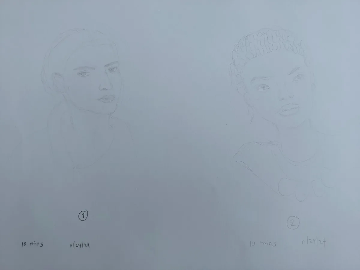 Two pencil sketches of female faces side-by-side on paper, each labeled with a circled number (① and ②), the date 11/24/24…