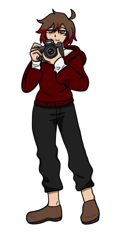 A cartoon character with brown and red hair, wearing a red hoodie and black pants, holds a camera up to their face as if…