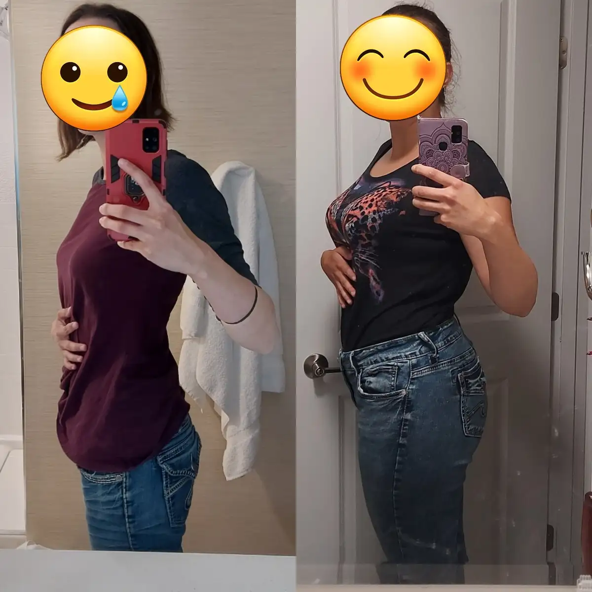Two side-by-side mirror selfies show a person in a maroon shirt and jeans looking sad with a crying emoji over their face…