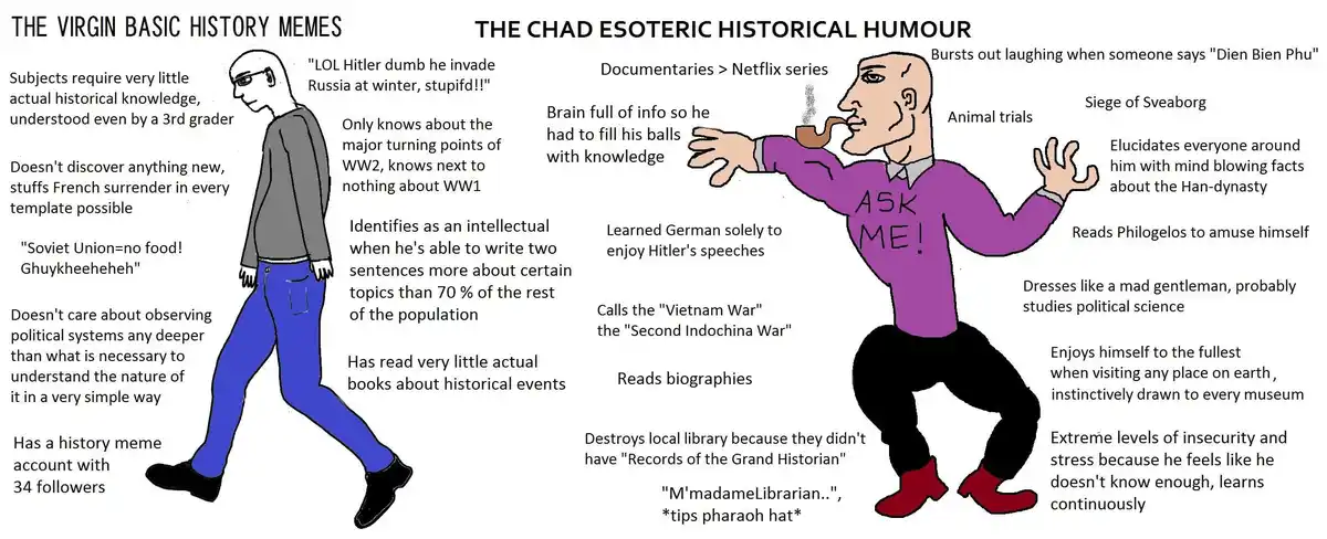 The image contrasts two cartoon men: one labeled 'THE VIRGIN BASIC HISTORY MEMES' with simplistic, often incorrect…