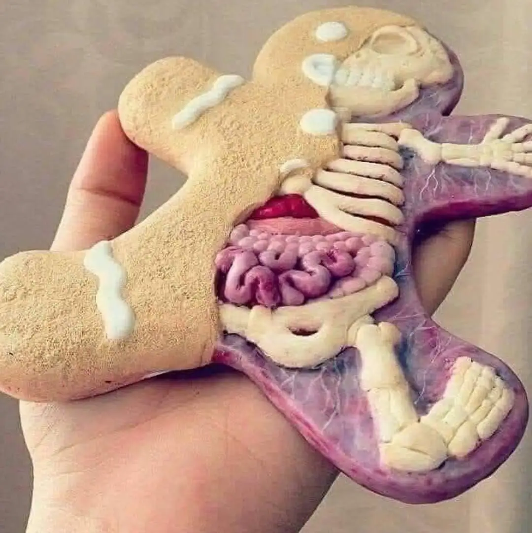 a hand holds a gingerbread man cookie that has been intricately cut open to reveal a detailed anatomical interior, including…