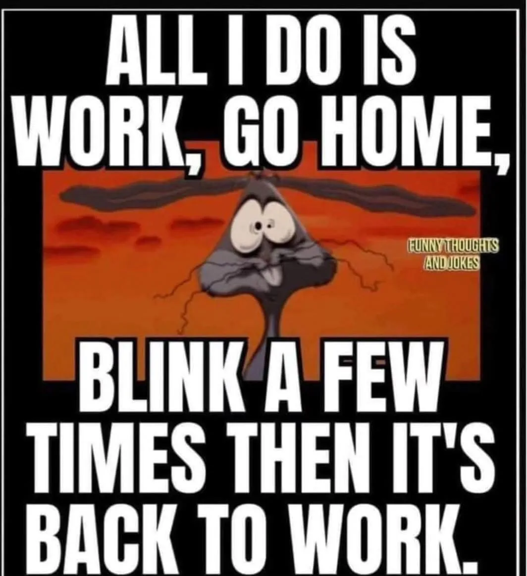 The image shows a cartoon character, a grey, triangular, cat-like figure with wide, tired eyes and a drooping expression…