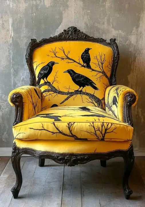 a luxurious, ornate armchair with a dark carved wooden frame and bright yellow velvet upholstery featuring a bold black…