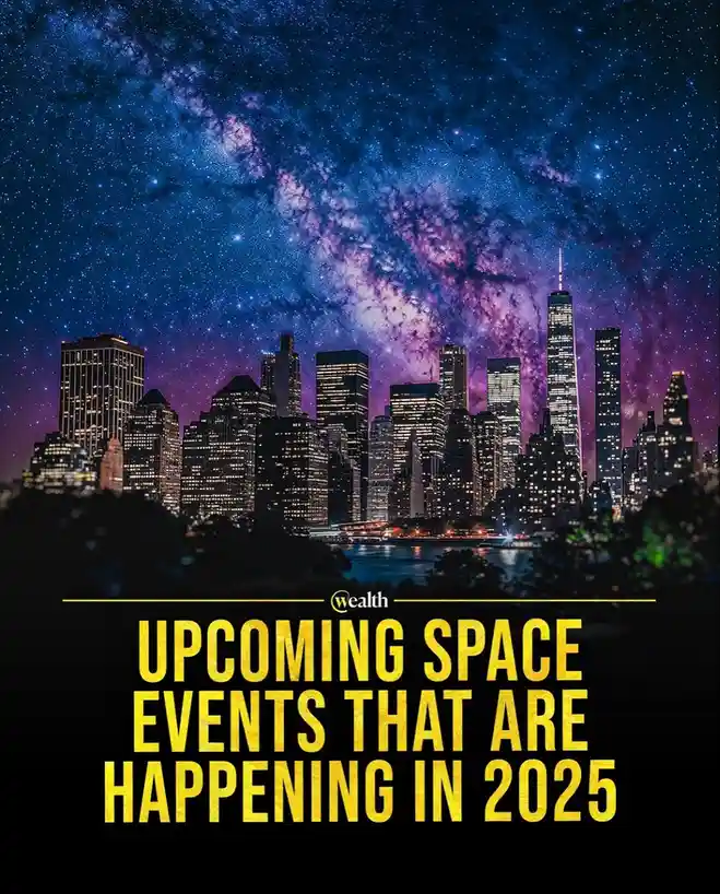 A nighttime cityscape of New York City with skyscrapers lit up under a vibrant, starry sky featuring the Milky Way. Overlaid…