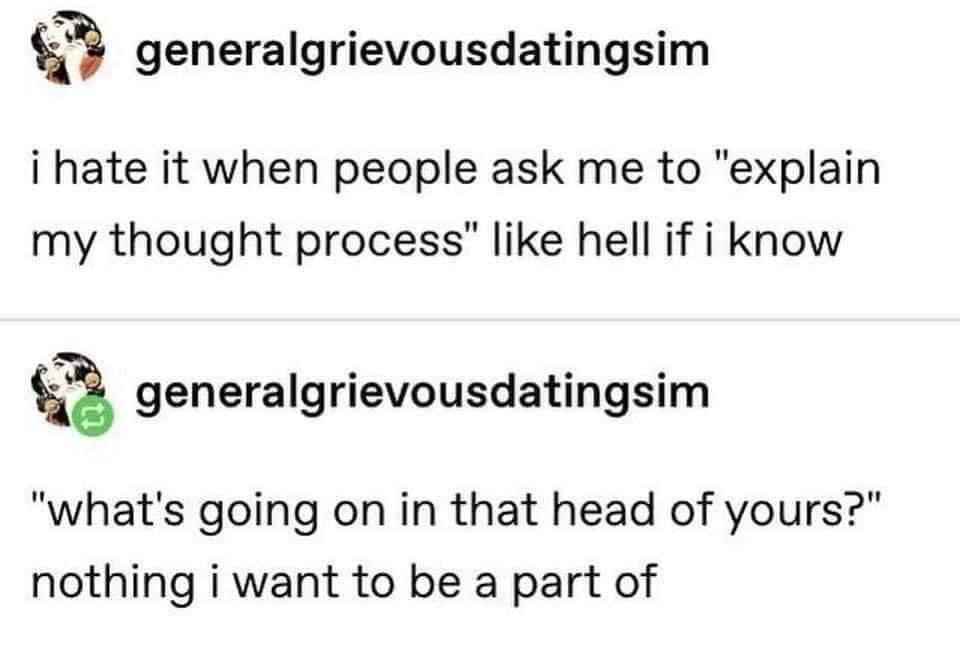 A screenshot of two social media posts from the same user 'generalgrieviousdatingsim'. The first post says 'i hate it when…