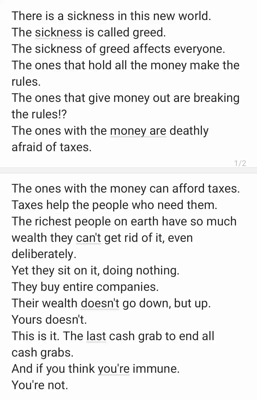 The image displays two paragraphs of black text on a plain white background, discussing greed, wealth inequality, and taxes…