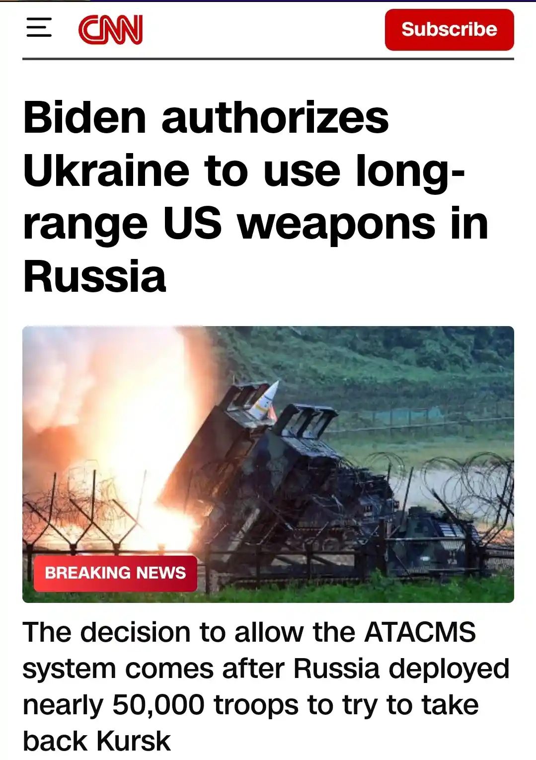 A screenshot of a CNN news article with the headline 'Biden authorizes Ukraine to use long-range US weapons in Russia' and a…