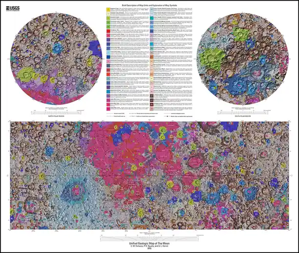 A detailed USGS geologic map of the Moon showing polar and equatorial regions with color-coded terrain units, crater labels…