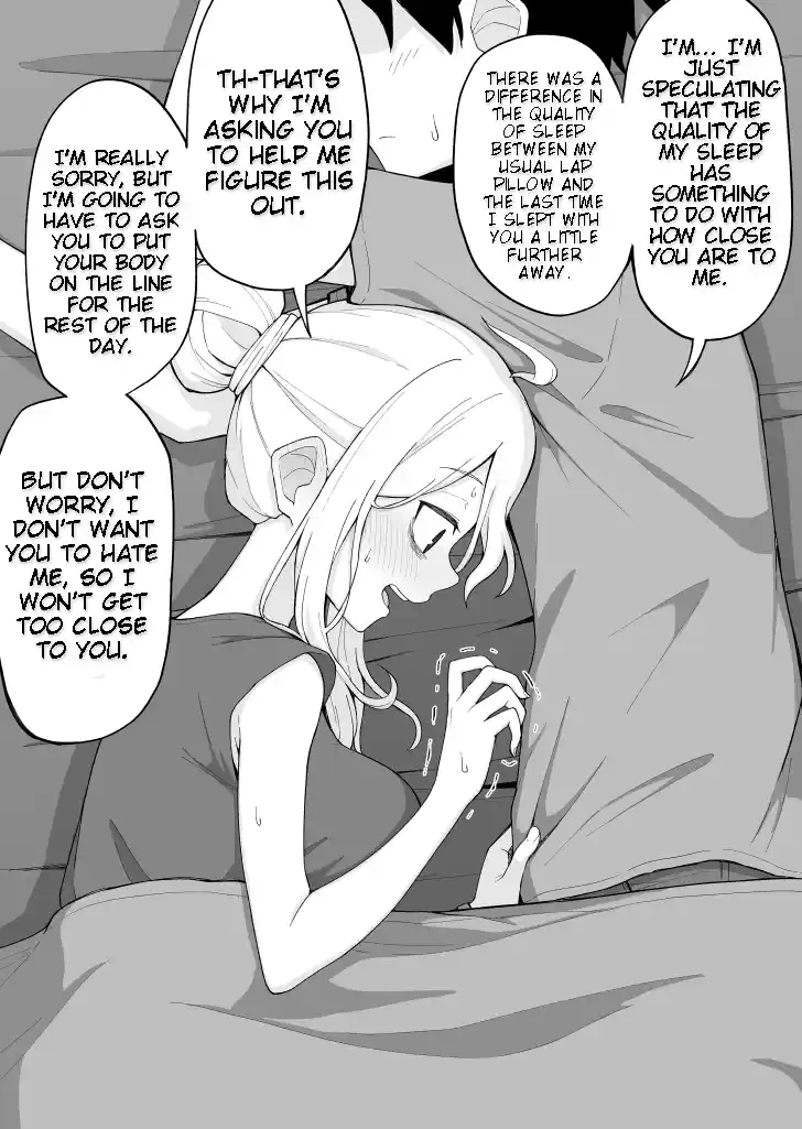 A grayscale manga panel shows a distressed anime girl with light hair and cat ears, sweating and blushing while lying in…