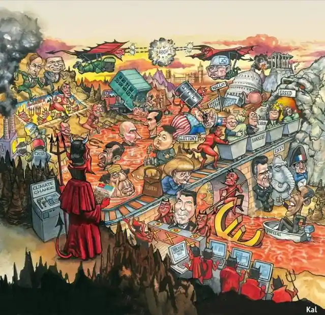 A satirical cartoon depicts the devil overseeing a chaotic hell where caricatures of world leaders and symbols like 'greed'…
