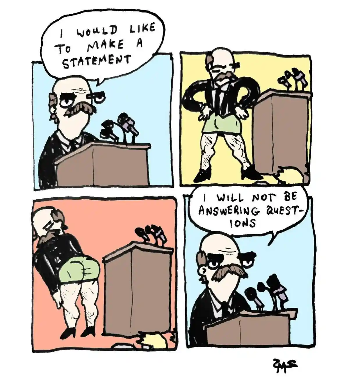 A four-panel comic strip shows a bald man with a mustache at a podium. In the first panel, he says, 'I would like to make a…