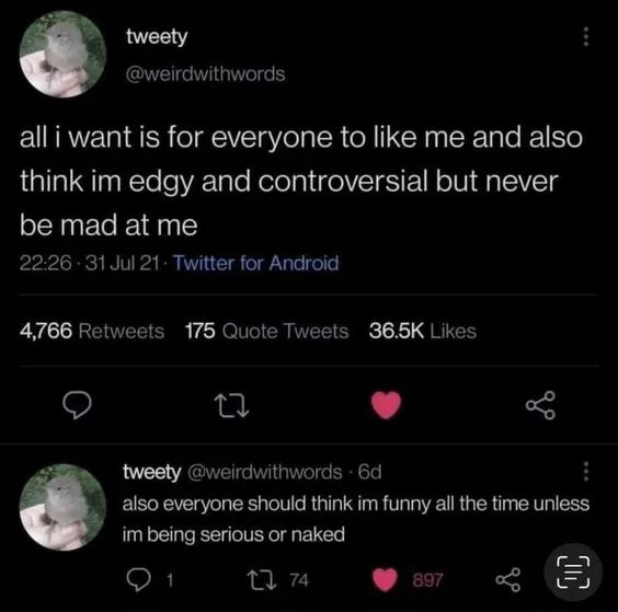 A screenshot of two tweets from a user named 'tweety' (@weirdwithwords) showing a humorous contradiction: the first tweet…