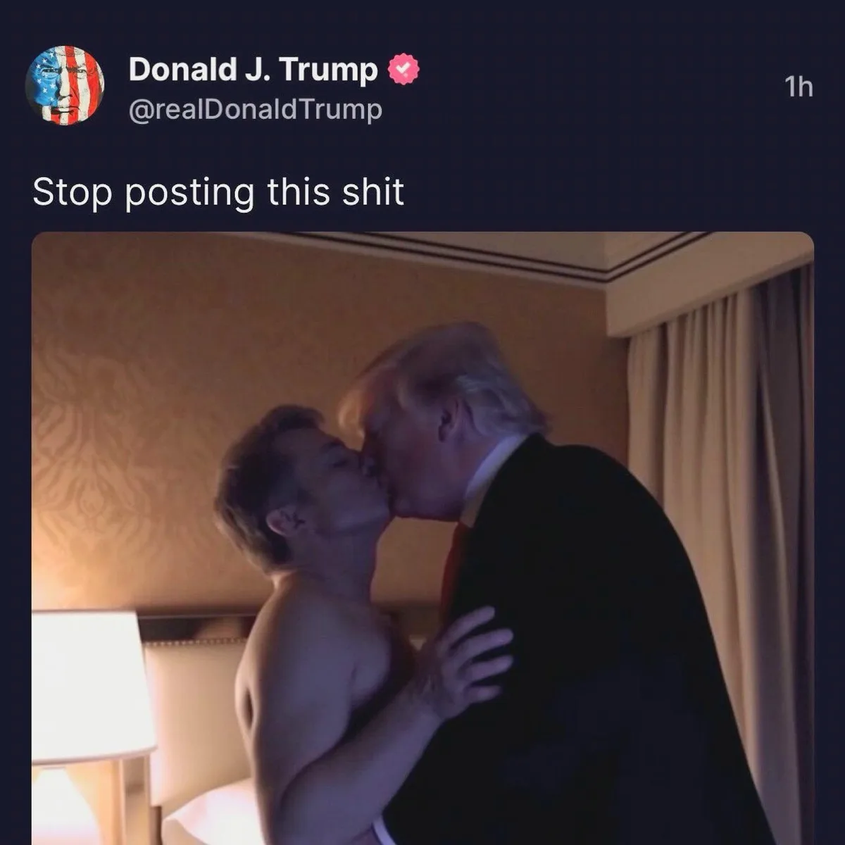 An image mimicking a Twitter post from Donald J. Trump's verified account, which displays a photo of Donald Trump kissing a…