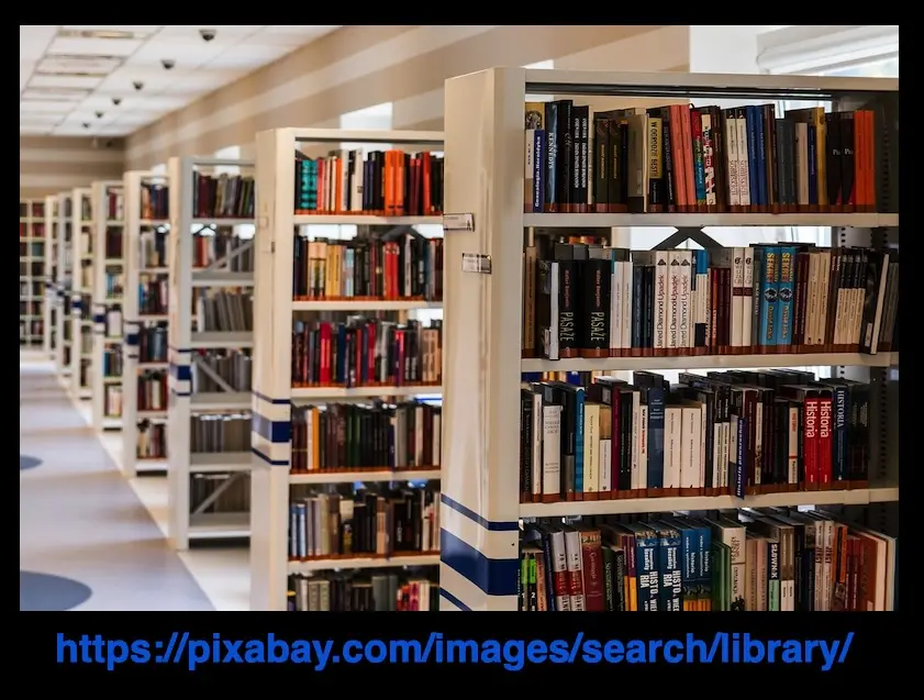 A photograph of a long, brightly lit library aisle with tall white bookshelves packed with colorful books, receding into the…