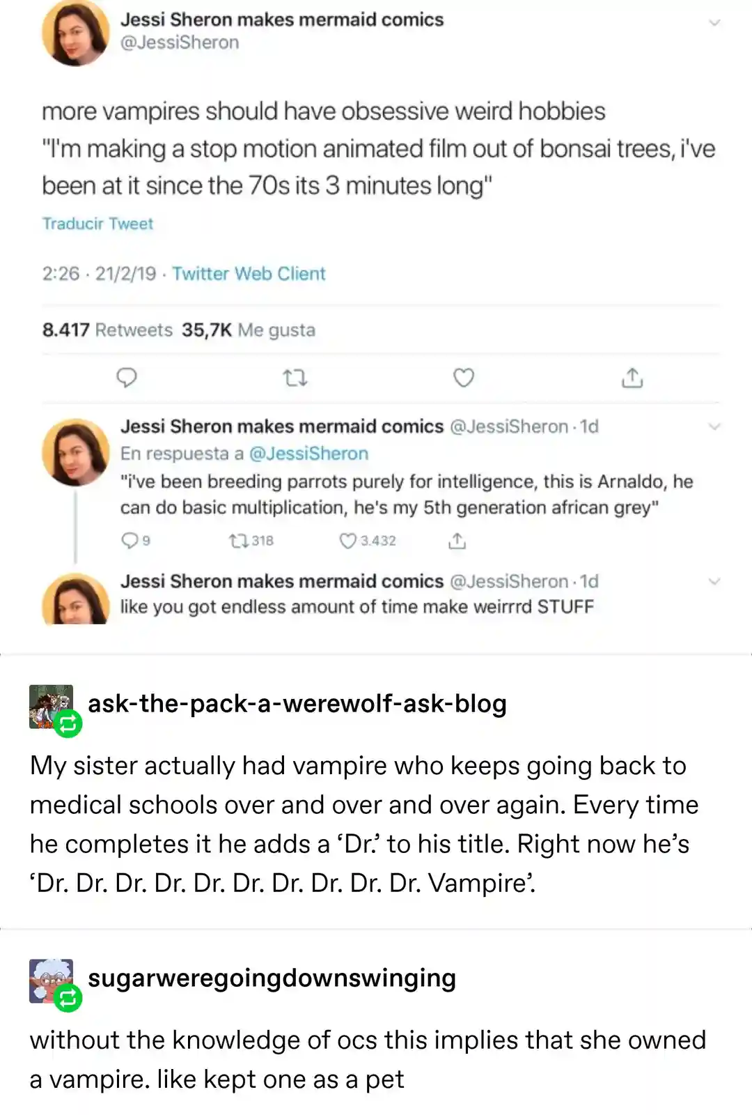 The image displays a screenshot of a Twitter thread by user Jessi Sheron, who humorously suggests vampires should have…