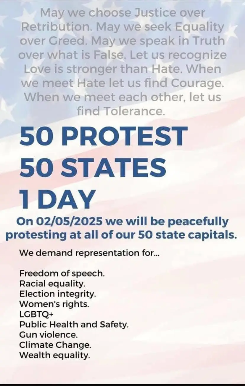 The image displays a protest flyer set against a faded American flag background. It features a poetic prayer-like text at…