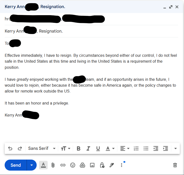 A screenshot of a resignation email draft in a Google Docs interface, with the sender's name and recipient's name redacted…