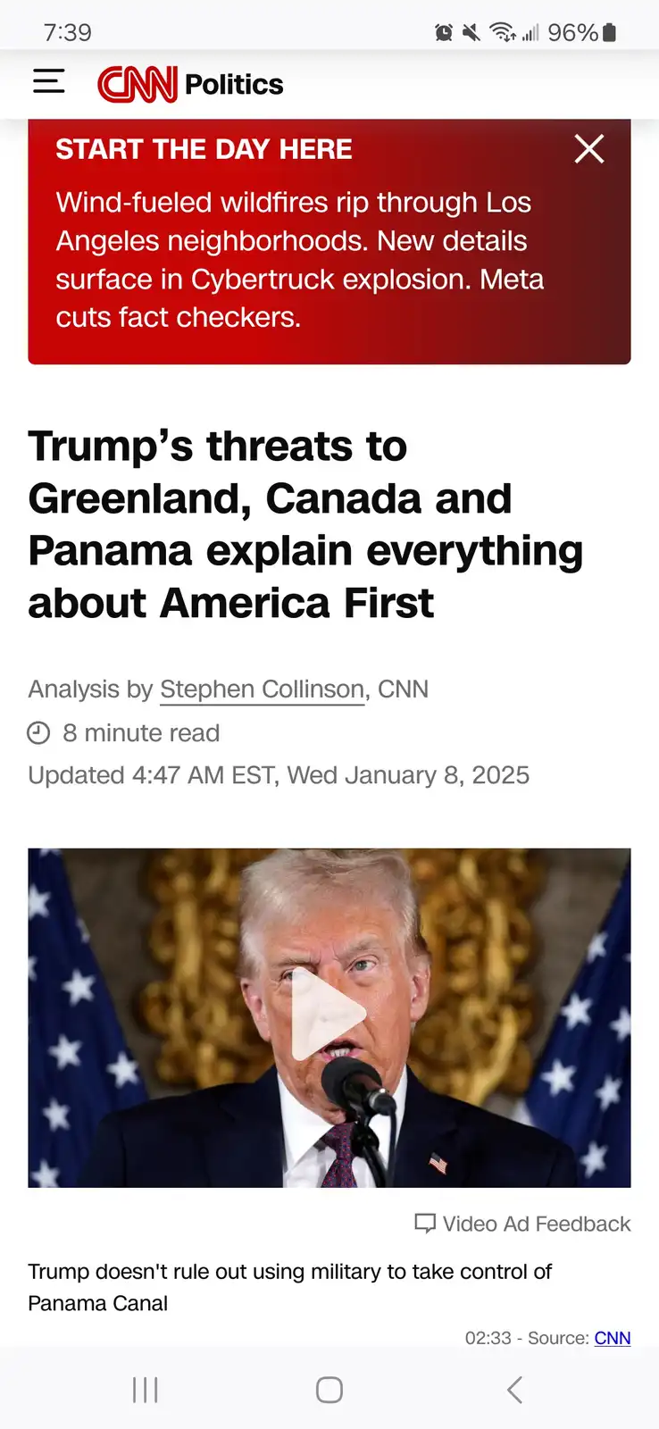A screenshot of a CNN Politics article titled 'Trump's threats to Greenland, Canada and Panama explain everything about…