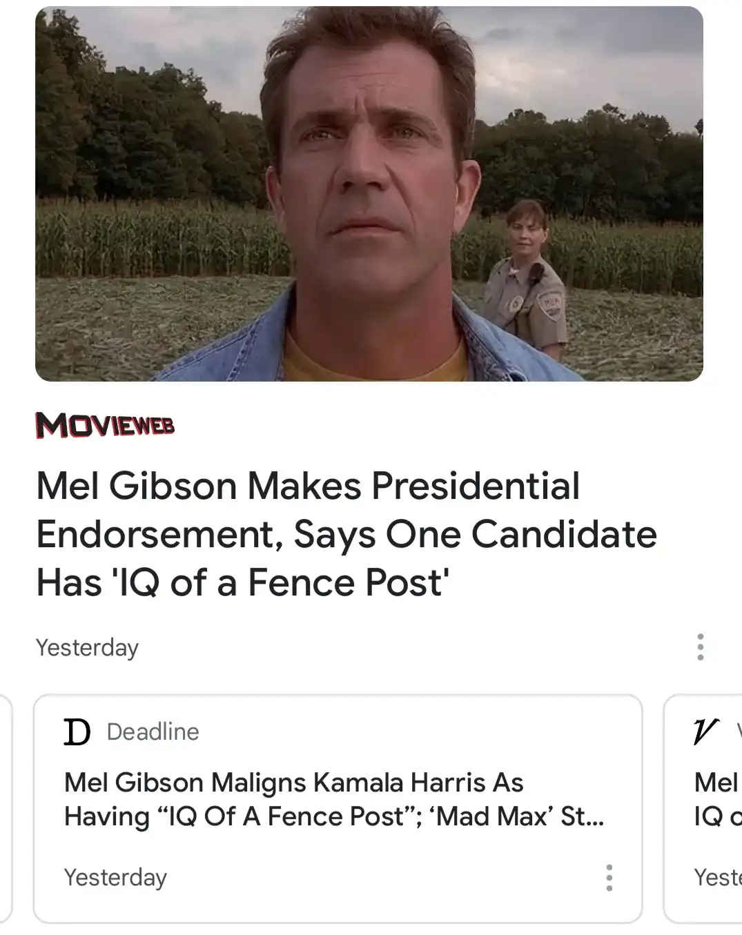 A screenshot of a news article headline from MovieWeb about Mel Gibson endorsing a presidential candidate and calling…