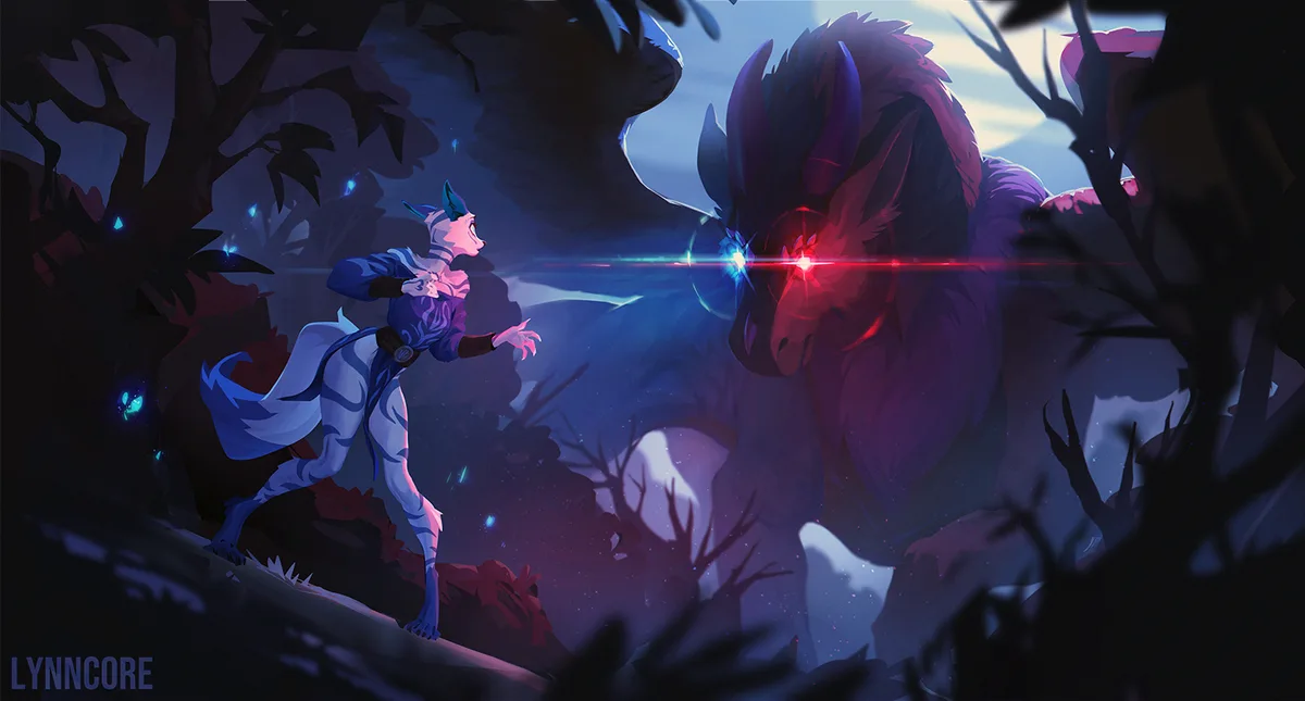 A small, blue-furred anthropomorphic creature stands defiantly facing a massive, menacing purple beast with glowing red eyes…