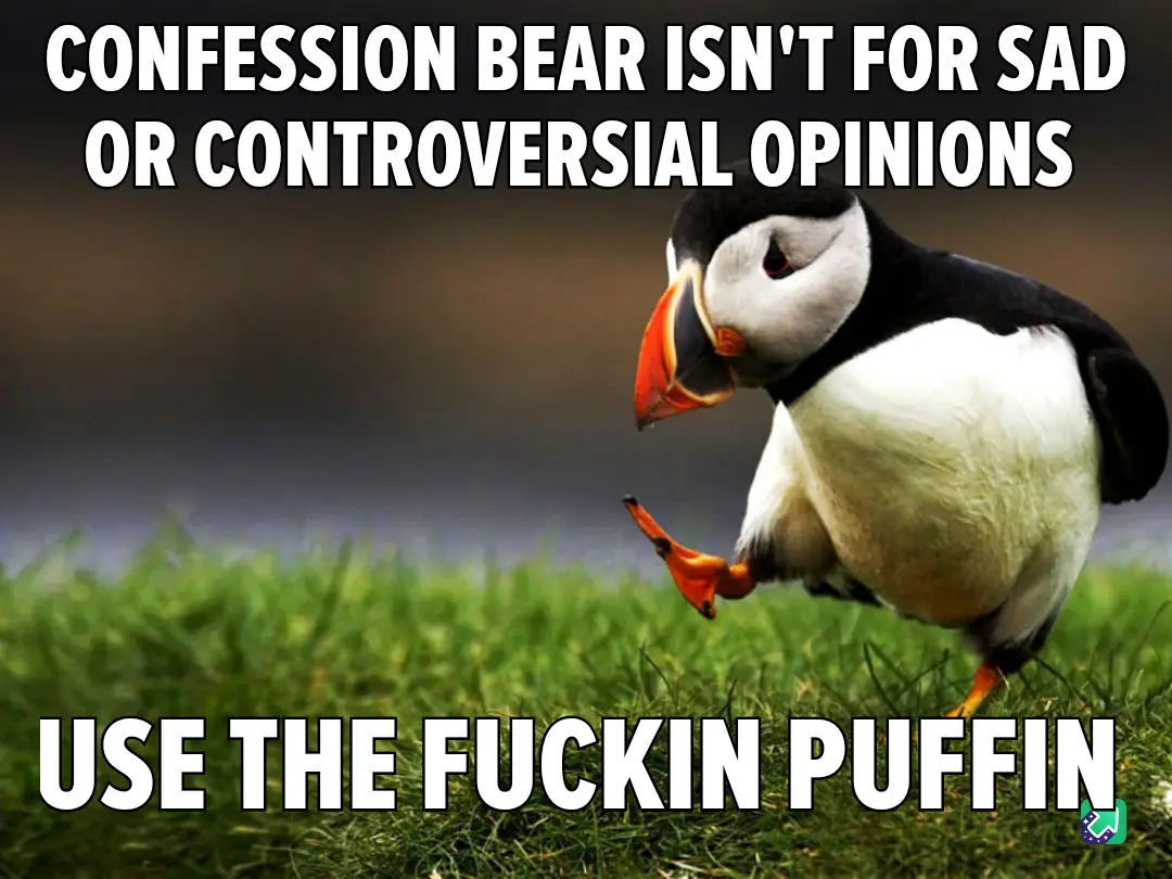 A close-up photo of a puffin standing on green grass, looking slightly to the side with one foot lifted. White bold text at…