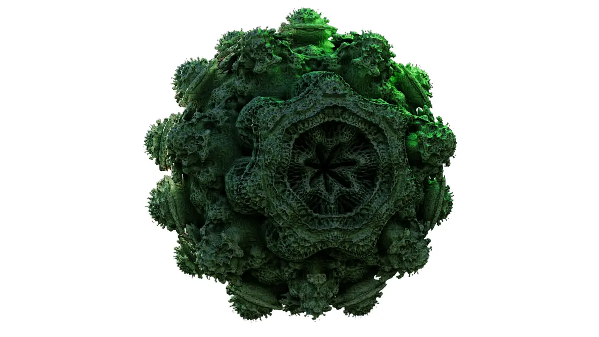 A highly detailed, glowing green fractal sphere with intricate, coral-like textures and a central star-shaped pattern, set…
