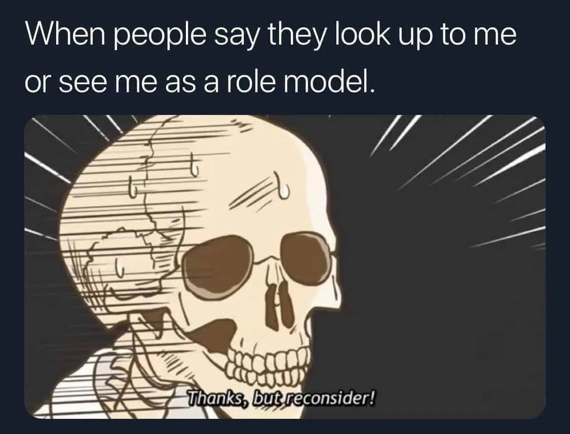 A cartoon skull with a cracked head and sweat drops, looking embarrassed or overwhelmed, set against a dark background with…