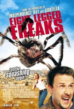 A movie poster for 'Eight Legged Freaks' shows a giant spider descending on a town, with a man in the foreground screaming…