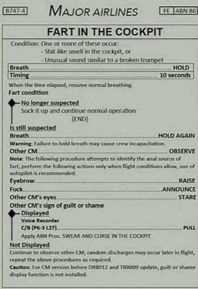 A fake airline manual titled 'FART IN THE COCKPIT' lists procedures for handling a flatulence incident in a plane cockpit…