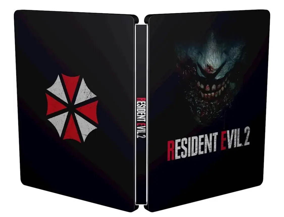 A steelbook case for the video game Resident Evil 2, shown open to display both covers. The left cover features the iconic…