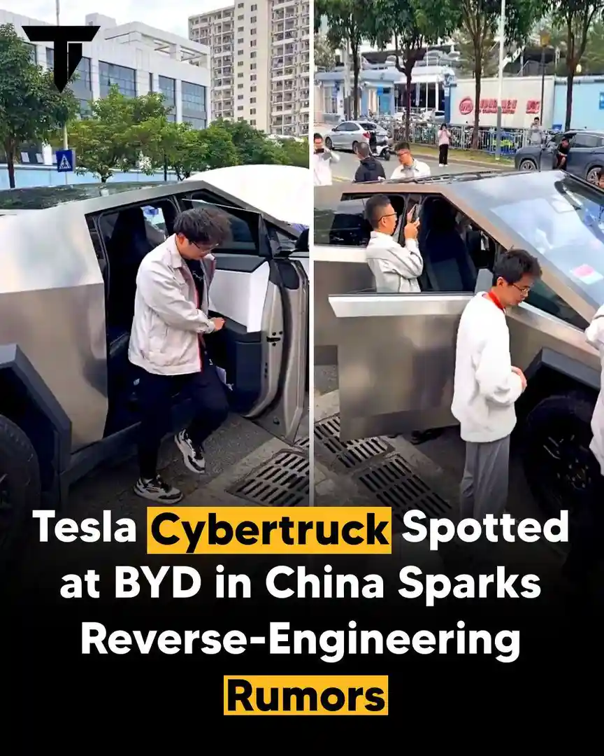 A split-screen image shows a man in a white jacket interacting with a silver Tesla Cybertruck parked outdoors. In the left…