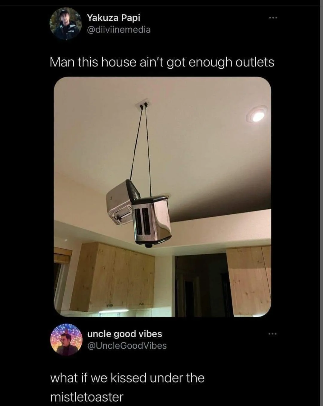 A kitchen ceiling shows two silver toasters suspended by black cords from an electrical outlet. The top text reads 'Man this…