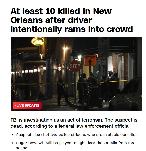 A screenshot of a news article about a mass shooting in New Orleans, showing police officers at a crime scene cordoned off…